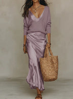 Emery | Women's V-Neck Midi Dress with Ribbed Sweater