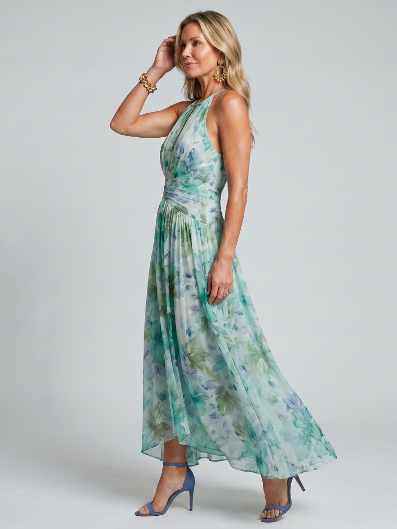 Pleated Halter Soft Floral Midi Dress - Summer Elegant Style for Women