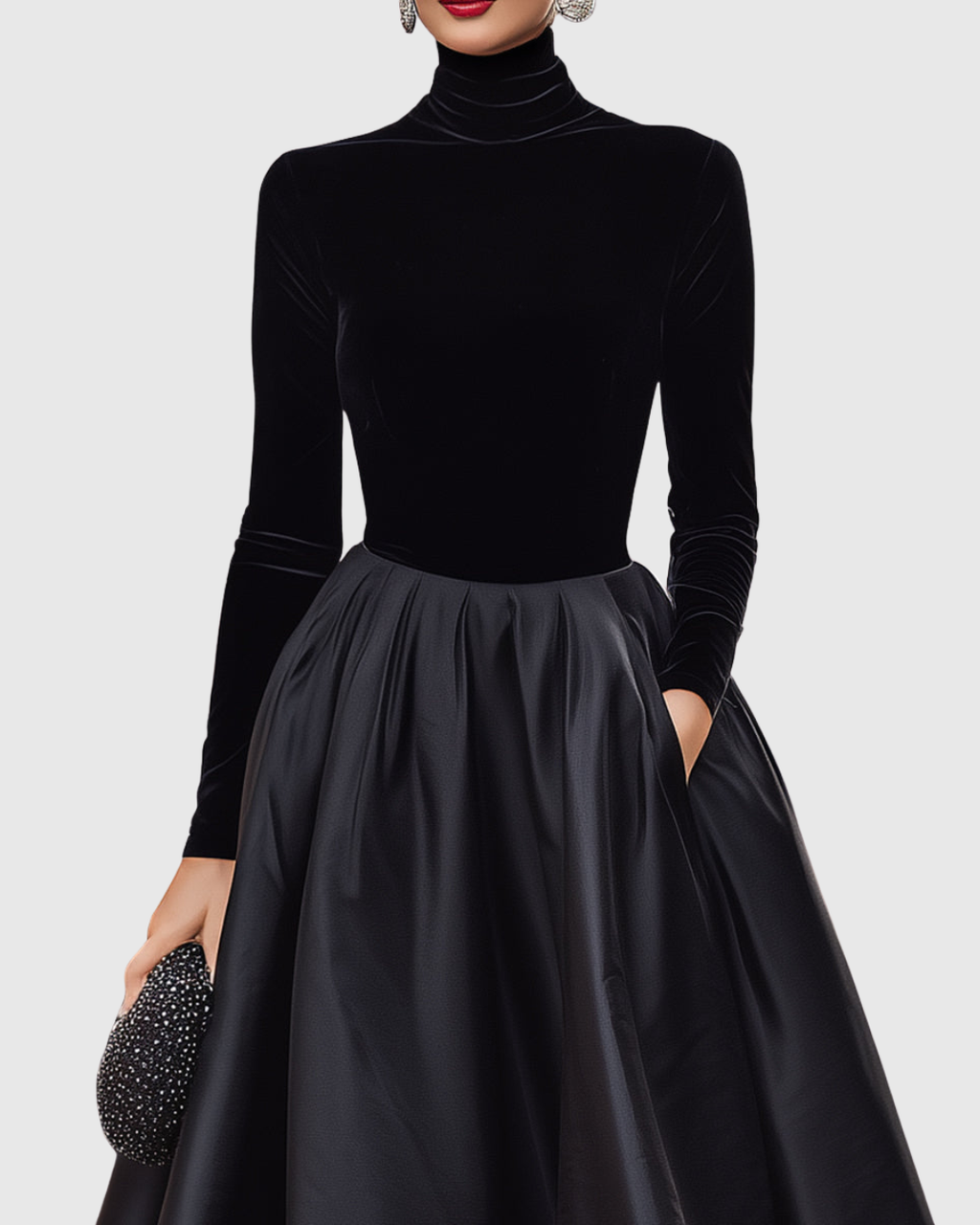 Elegant Black Midi Dress – Velvet and Satin Evening Style