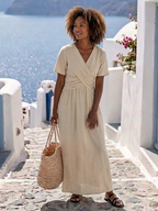 Elegant V-neck wrap midi dress women short sleeve soft chic style