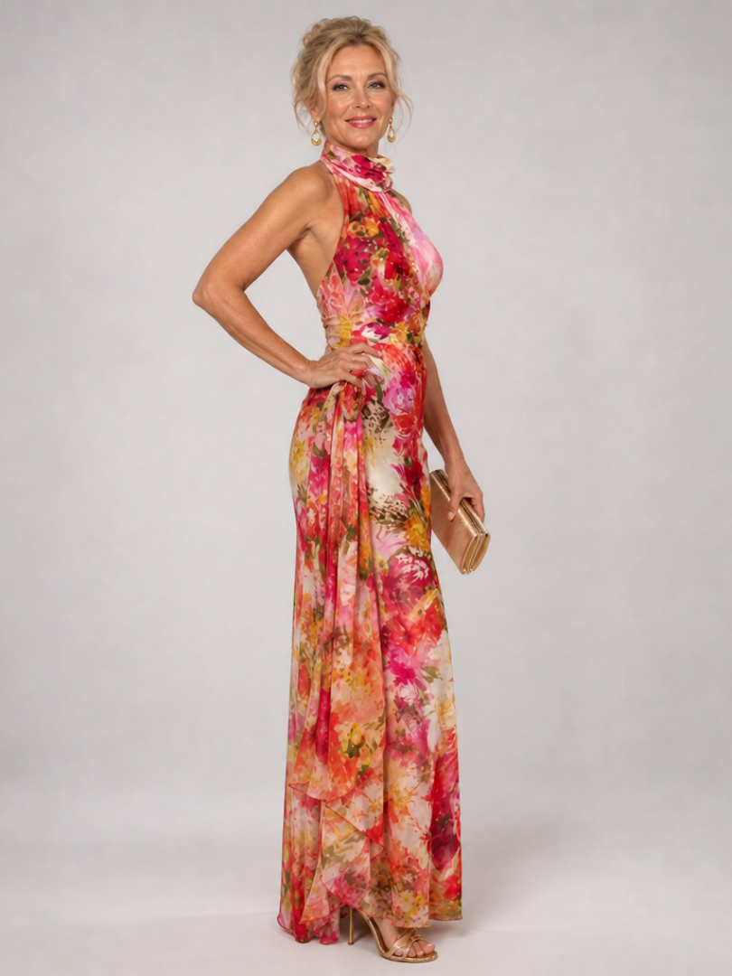 Halter Neck Maxi Dress - Floral Print Elegant Summer Style for Women