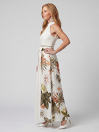 White Draped Halter Maxi Dress with Botanical Panel | Summer Elegant