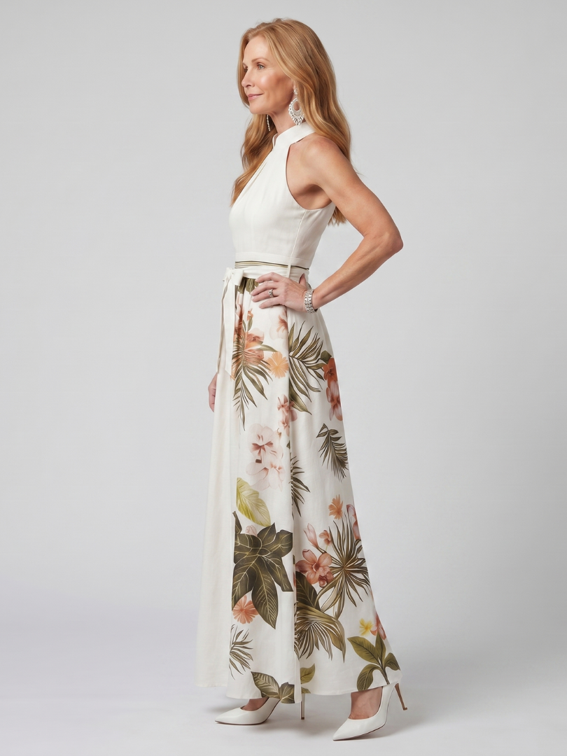 White Draped Halter Maxi Dress with Botanical Panel | Summer Elegant