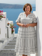 Elegant striped midi dress women tiered short sleeve relaxed fit