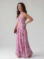 Halter Neck Ruched Bodice Maxi Dress - Floral Boho Summer Style