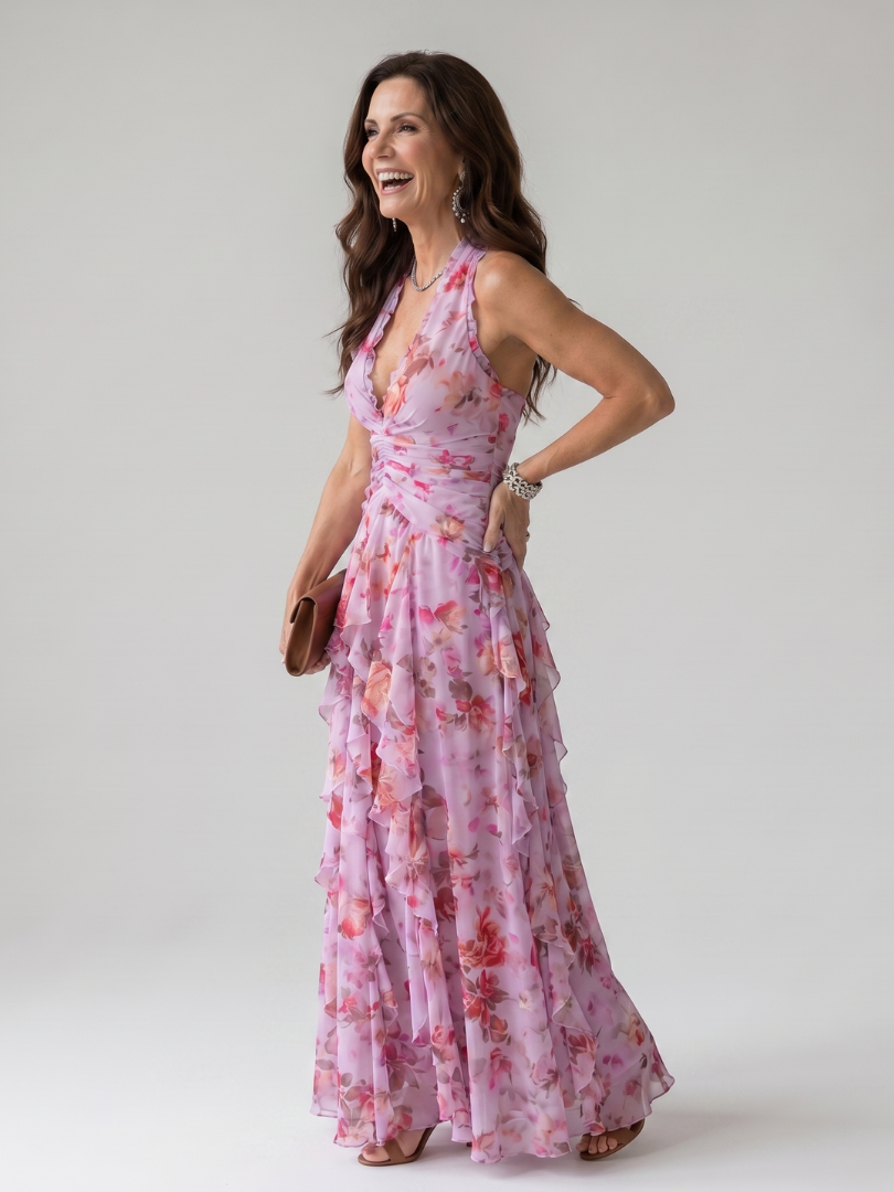 Halter Neck Ruched Bodice Maxi Dress - Floral Boho Summer Style