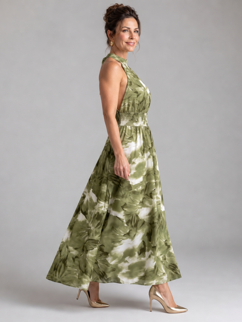 Gathered Waist Abstract Print Midi Dress - Summer Elegant Style