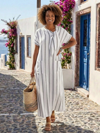 Elegant striped midi dress women short sleeve tie neck pockets
