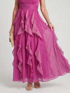 Pink High Neck Gathered Ruffle Layers Maxi Dress | Elegant Summer Style
