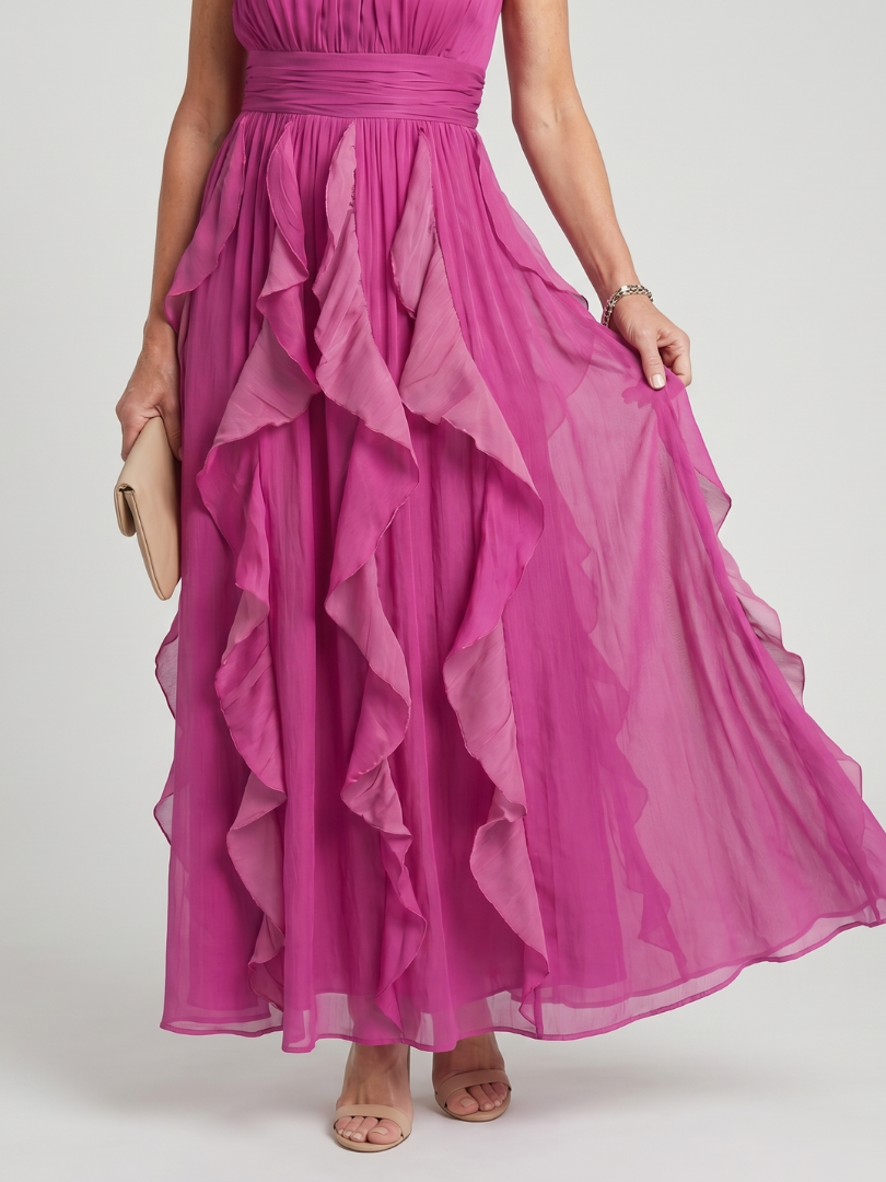 Pink High Neck Gathered Ruffle Layers Maxi Dress | Elegant Summer Style