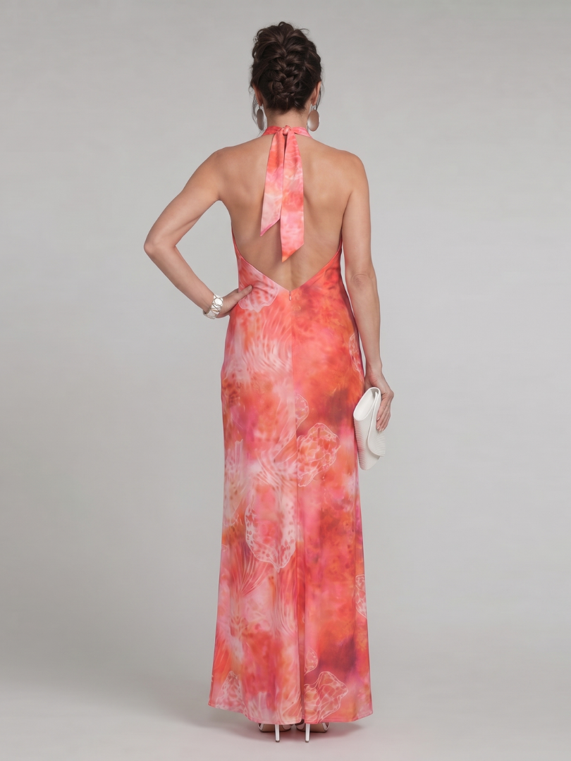 Orange Halter Neck Printed Maxi Dress | Flowy Summer Style for Women