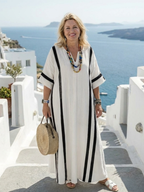 Elegant color block striped maxi dress women short sleeve relaxed fit