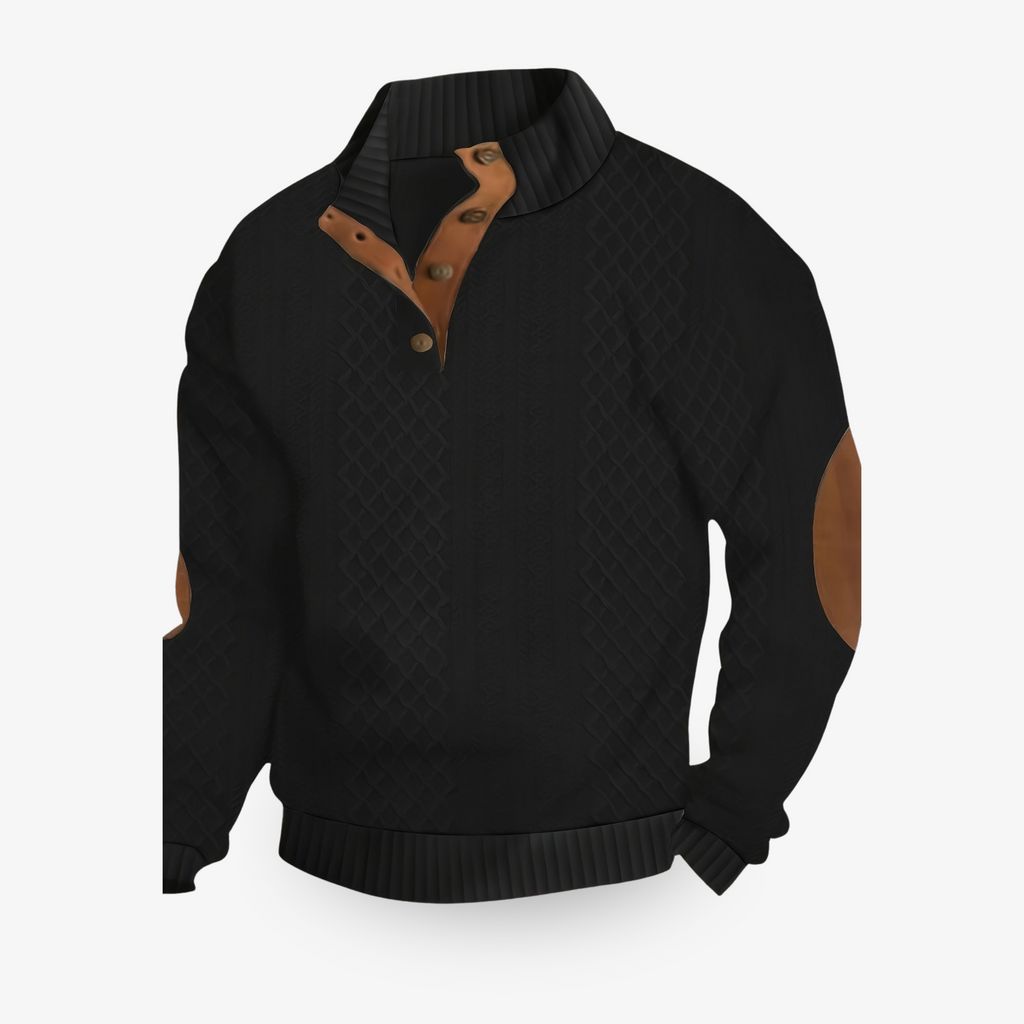 Pull-over vert en maille torsadée avec coudières marron et col boutonné. Mode automne-hiver, style élégant et confortable.