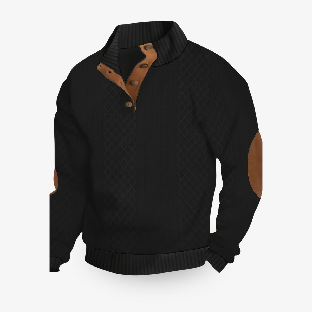 Pull-over vert en maille torsadée avec coudières marron et col boutonné. Mode automne-hiver, style élégant et confortable.