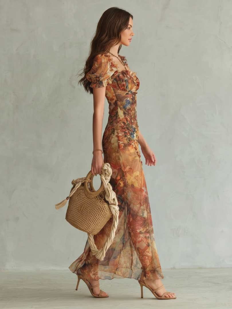 Ruffled Sleeve Ruched Slit Midi Dress - Summer Elegant Style