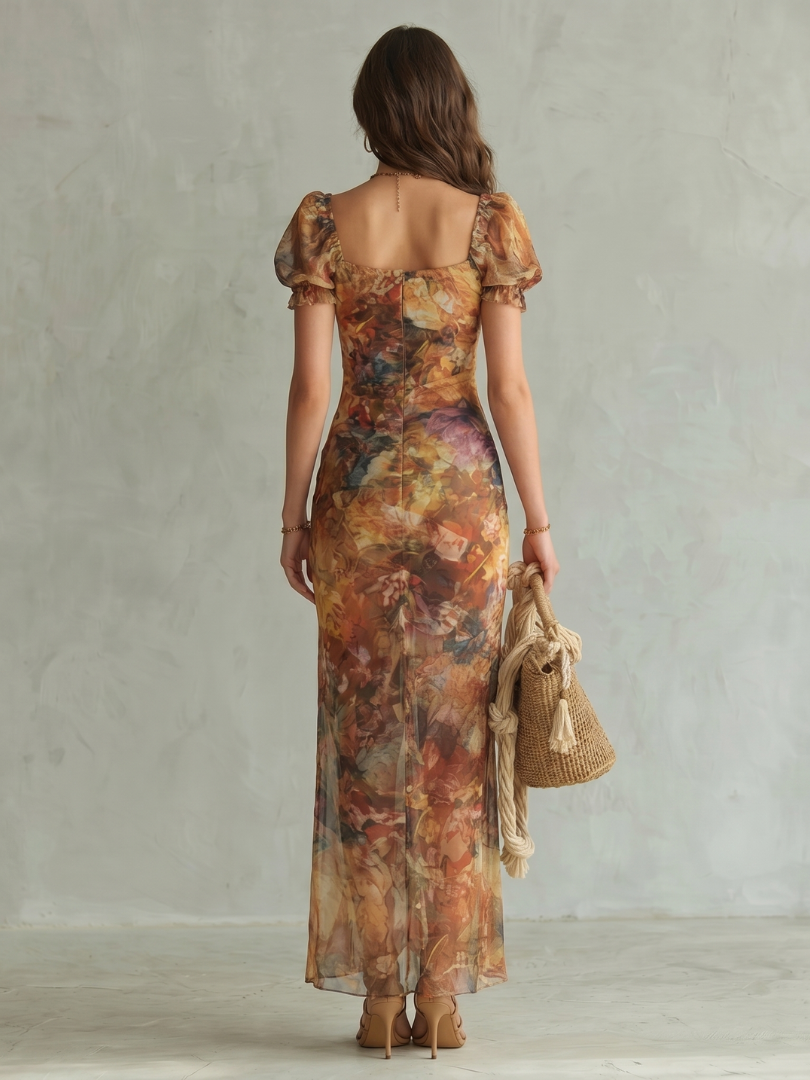 Ruffled Sleeve Ruched Slit Midi Dress - Summer Elegant Style
