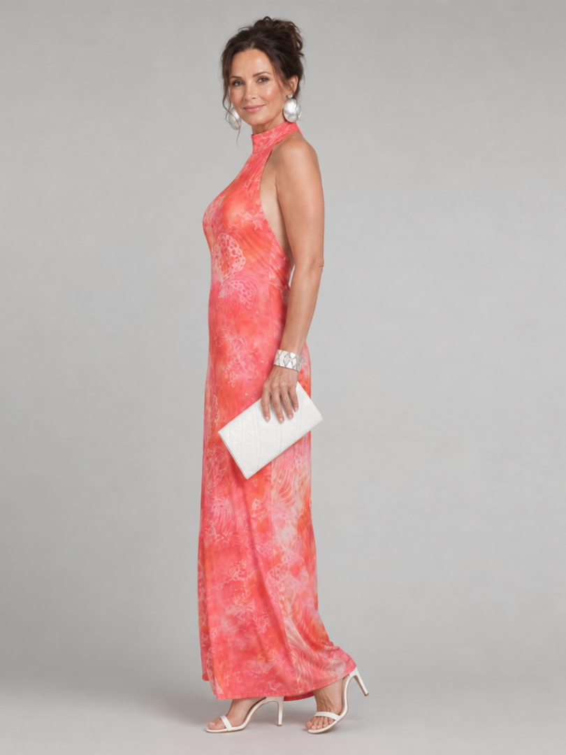 Orange Halter Neck Printed Maxi Dress | Flowy Summer Style for Women