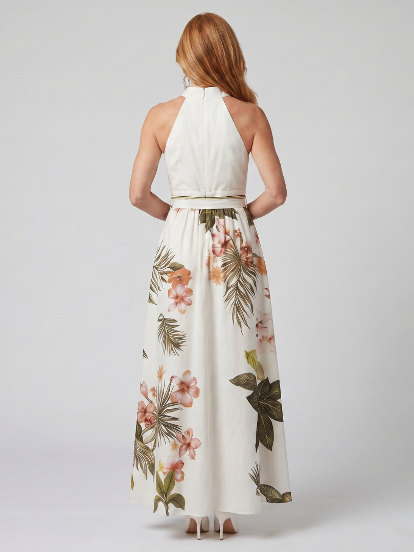 White Draped Halter Maxi Dress with Botanical Panel | Summer Elegant
