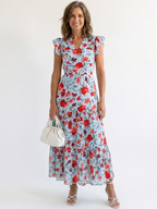 Stylish floral midi dress women V-neck tiered flowy summer wear