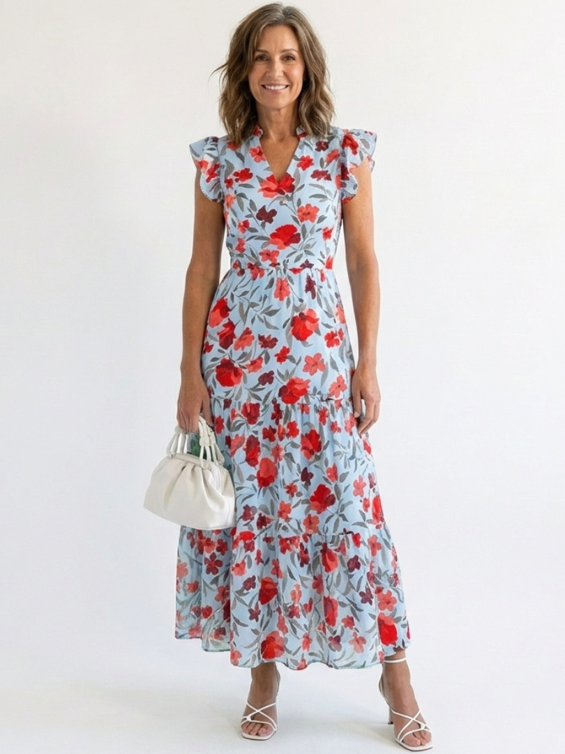 Stylish floral midi dress women V-neck tiered flowy summer wear