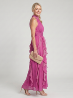 Pink High Neck Gathered Ruffle Layers Maxi Dress | Elegant Summer Style