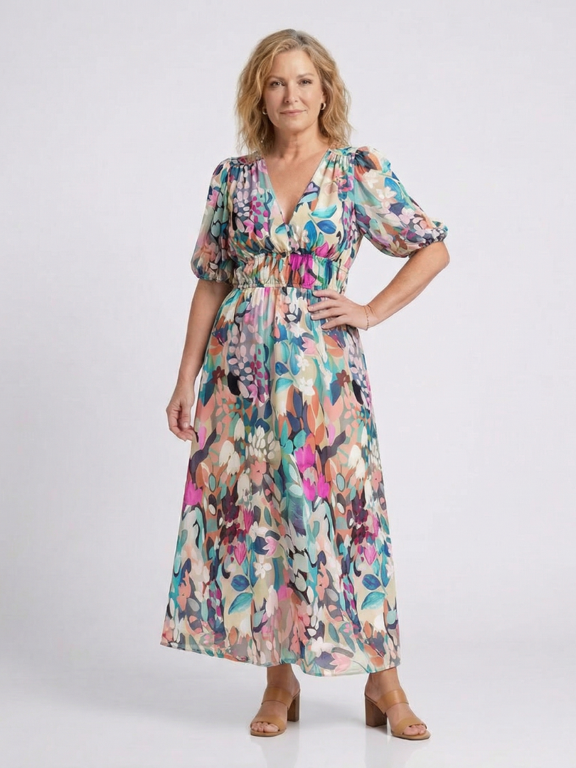 Stylish gathered waist midi dress women V-neck short sleeve comfort