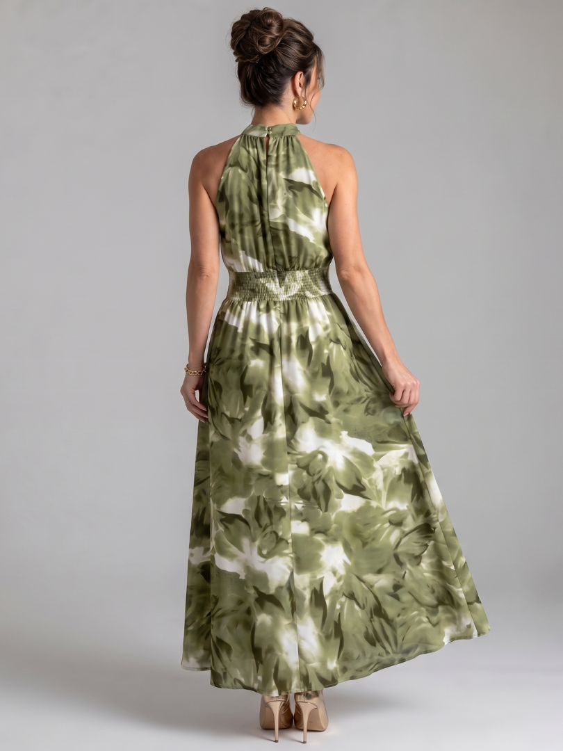 Gathered Waist Abstract Print Midi Dress - Summer Elegant Style