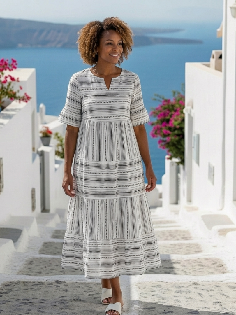Elegant striped midi dress women tiered short sleeve relaxed fit