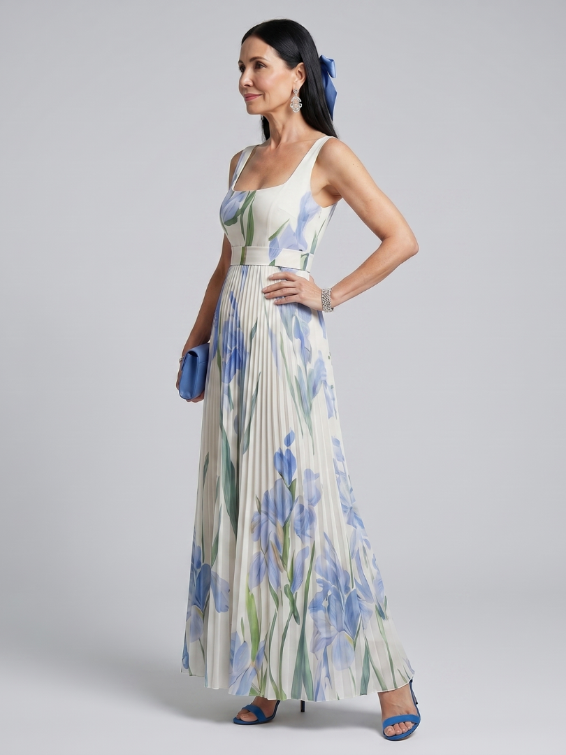 White Sleeveless Square Neck Floral Midi Dress | Elegant Summer Style