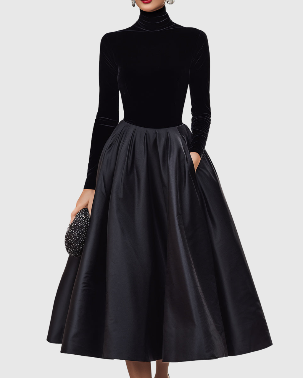 Elegant Black Midi Dress – Velvet and Satin Evening Style