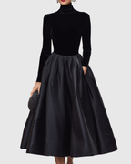 Elegant Black Midi Dress – Velvet and Satin Evening Style