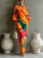 Julia | Women's One-Shoulder Abstract Print Maxi Dress