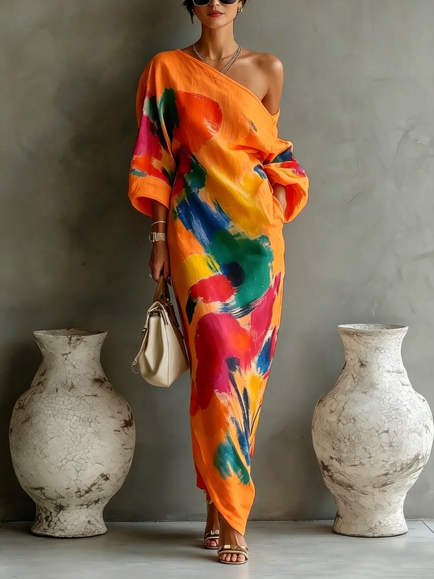 Julia | Women's One-Shoulder Abstract Print Maxi Dress