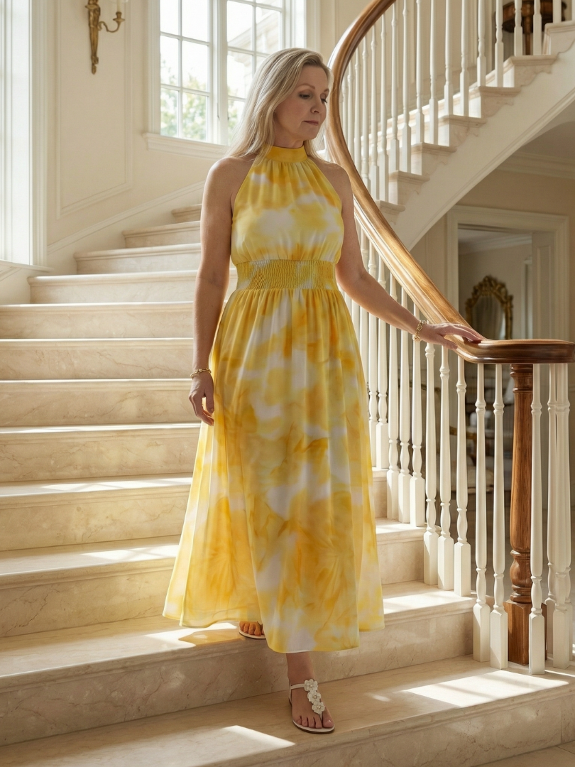 Elegant Gathered Halter Midi Dress | Flowy Summer Style for Women