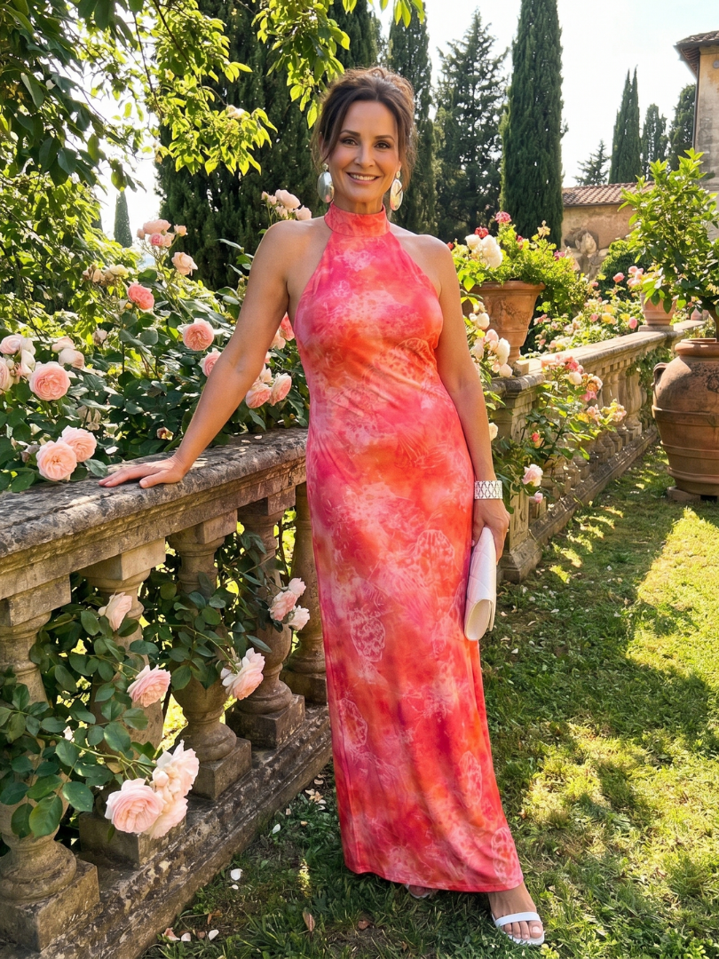 Orange Halter Neck Printed Maxi Dress | Flowy Summer Style for Women
