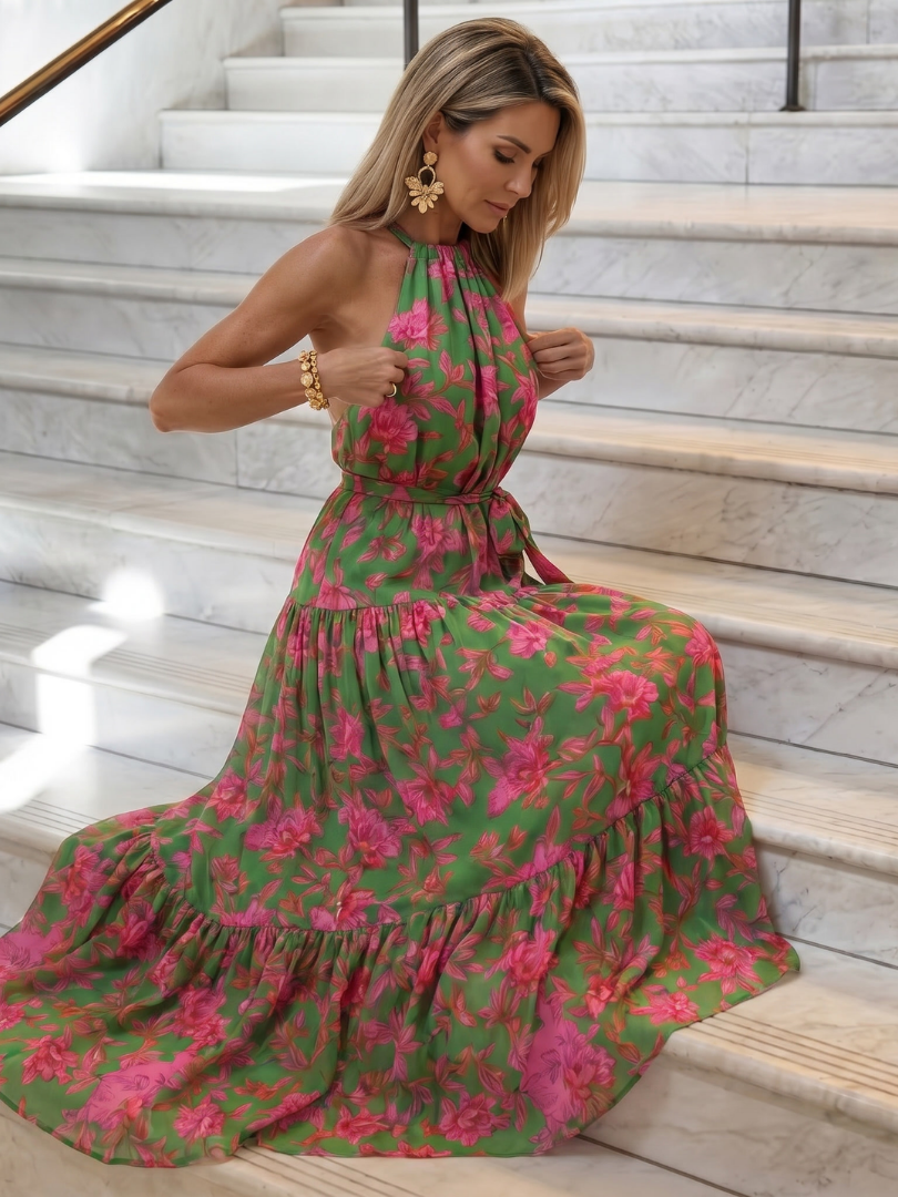Draped Halter Midi Dress - Elegant Summer Party Style for Women