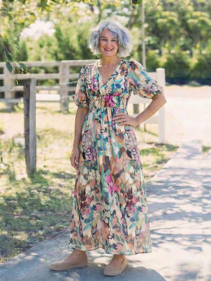 Stylish gathered waist midi dress women V-neck short sleeve comfort
