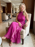 Pink High Neck Gathered Ruffle Layers Maxi Dress | Elegant Summer Style
