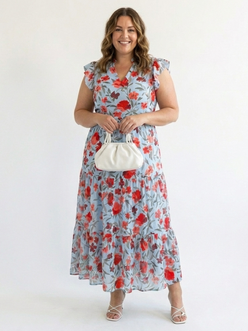Stylish floral midi dress women V-neck tiered flowy summer wear