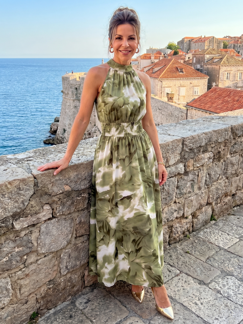 Gathered Waist Abstract Print Midi Dress - Summer Elegant Style