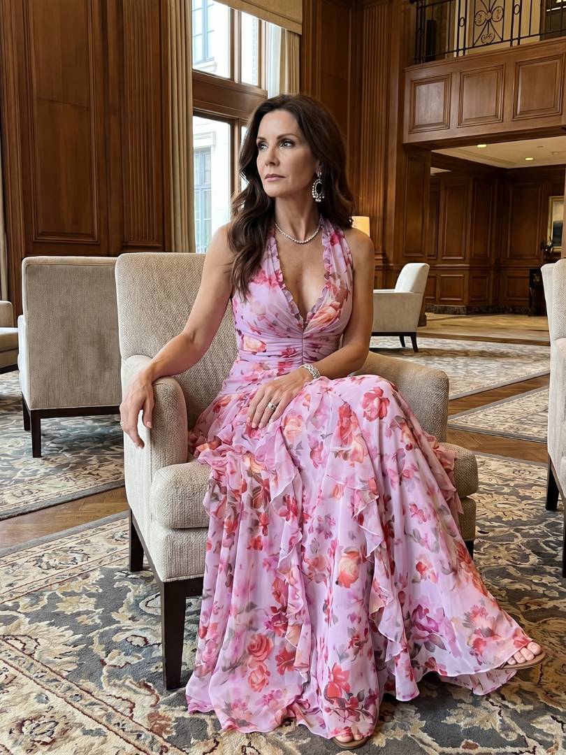 Halter Neck Ruched Bodice Maxi Dress - Floral Boho Summer Style