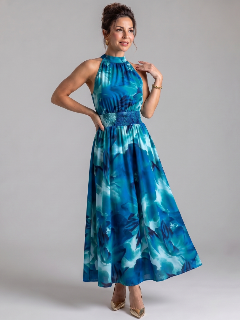 Gathered Waist Abstract Print Midi Dress - Summer Elegant Style