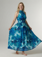 Elegant Gathered Halter Midi Dress | Flowy Summer Style for Women