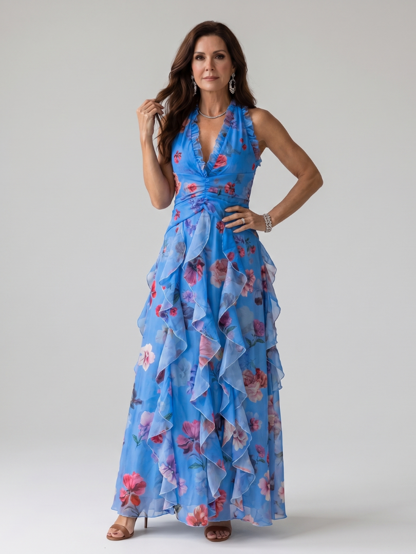 Halter Neck Ruched Bodice Maxi Dress - Floral Boho Summer Style