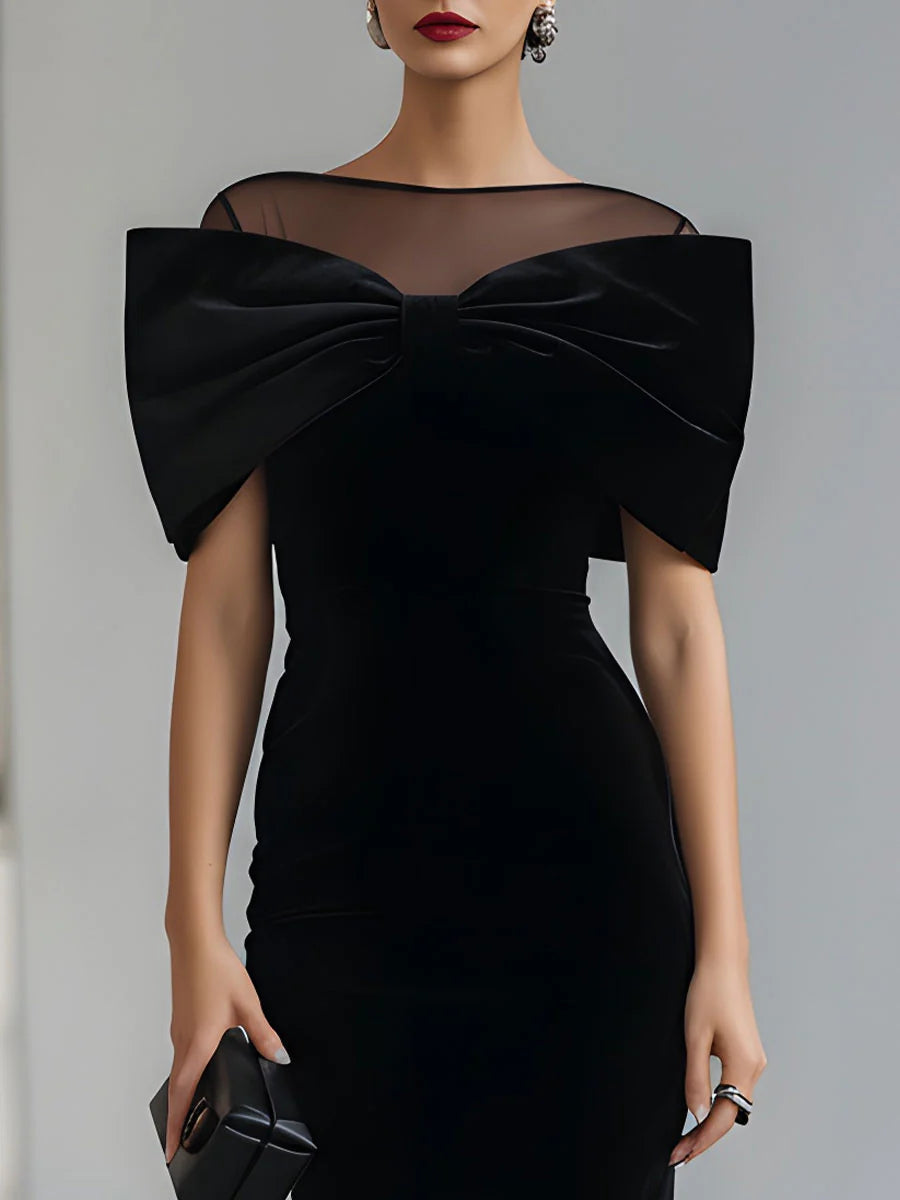 Audrey | Women's Bow Detail Sheer-Neck Evening Dress