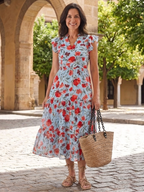 Stylish floral midi dress women V-neck tiered flowy summer wear