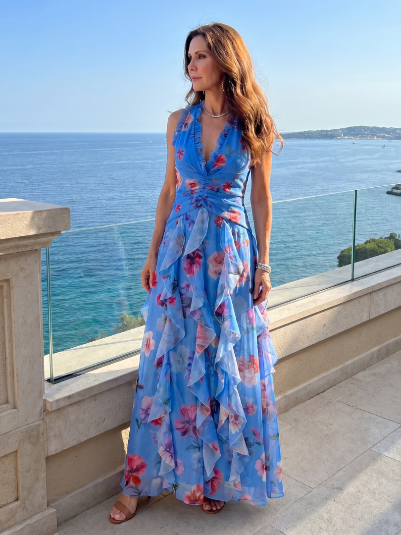 Halter Neck Ruched Bodice Maxi Dress - Floral Boho Summer Style