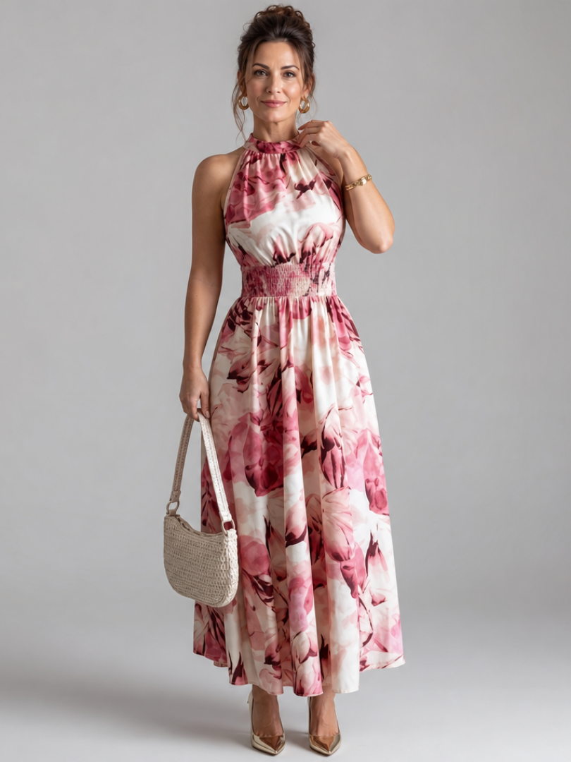 Gathered Waist Abstract Print Midi Dress - Summer Elegant Style