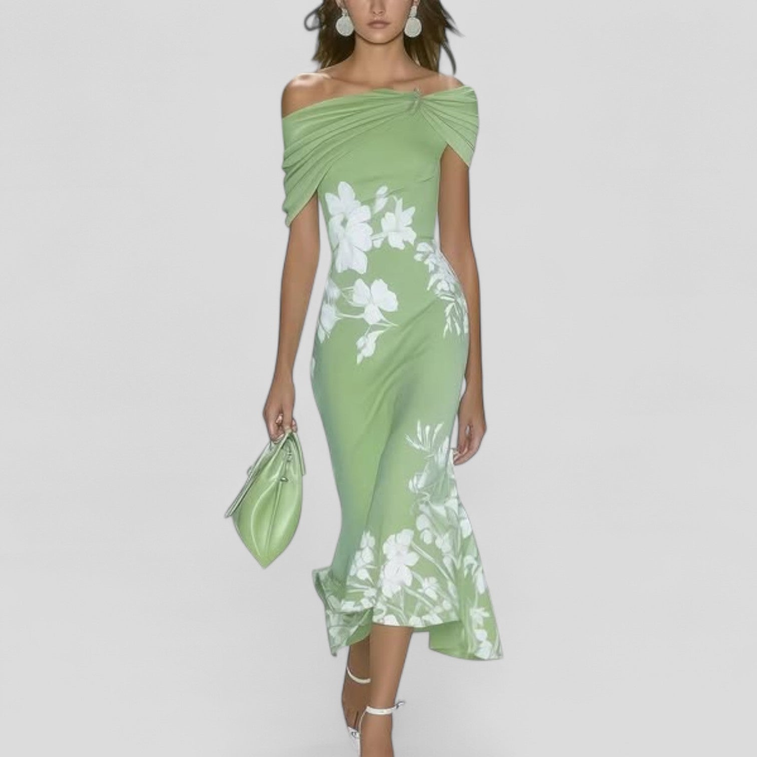 Elegant Off-Shoulder Midi Dress, Tailored Fit and Delicate Floral Design
