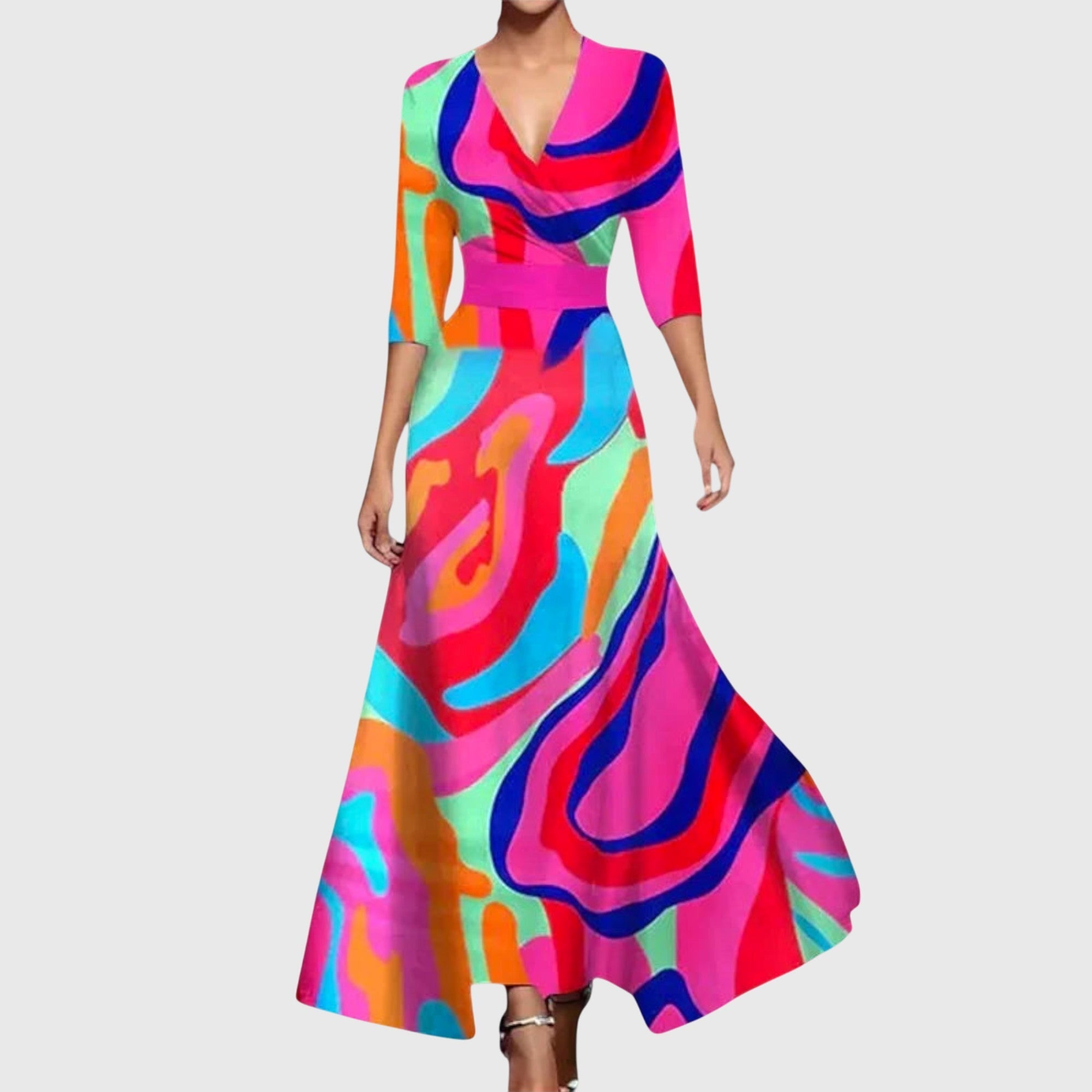 Elegant Midi Dress with a Wrap Neckline, Bold Floral Print and a Flowy Feminine Fit